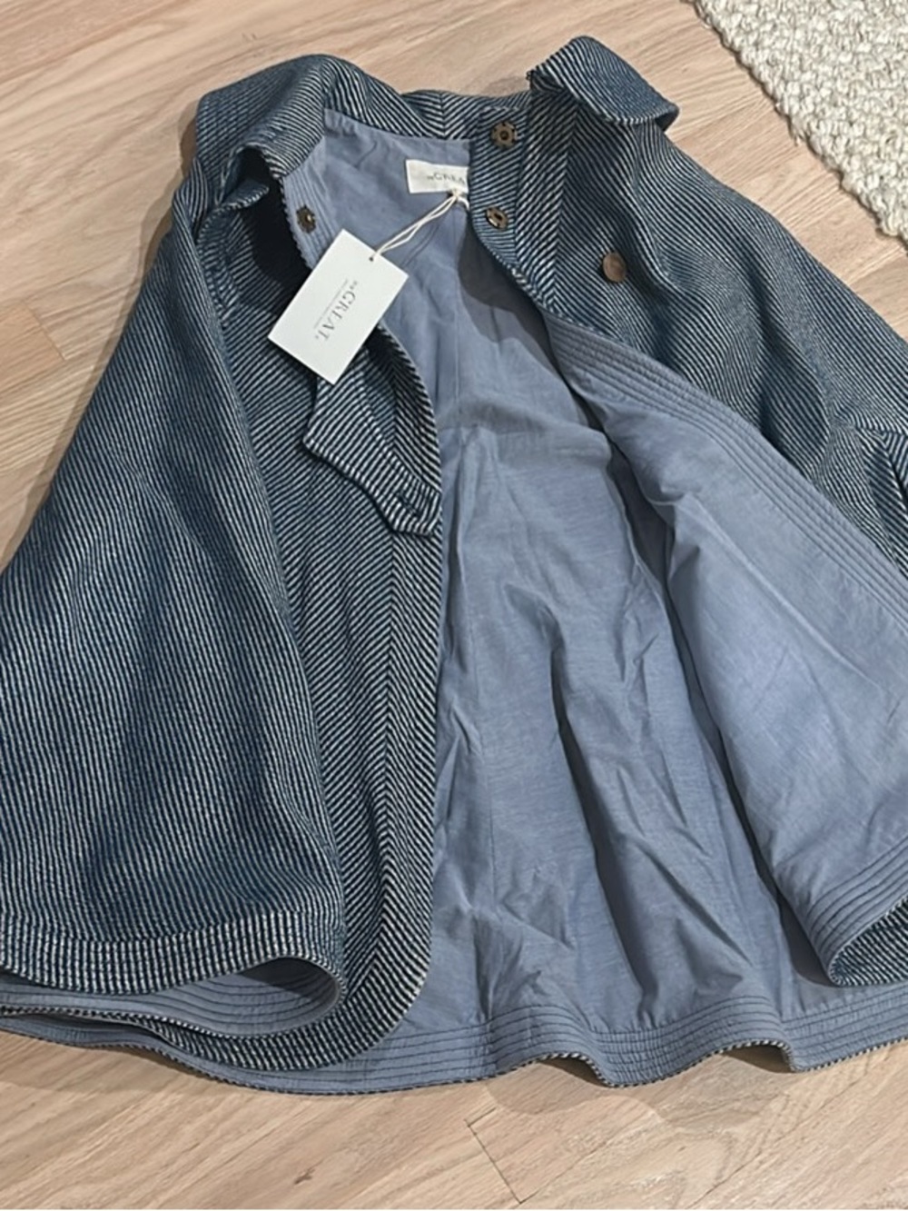 THE GREAT. Blue Striped Cape Jacket